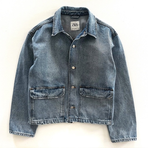 Zara Denim Utility Jacket Boxy Fit Rigid Cotton Mens Size Large - Picture 2 of 11